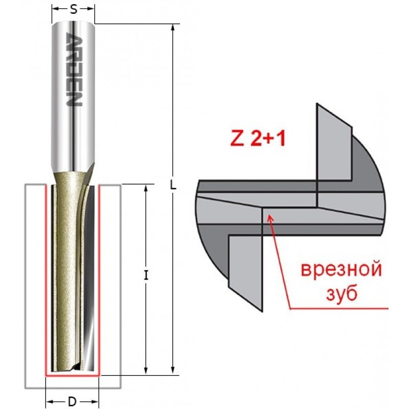 Фреза концевая прямая пазовая с врезным зубом D=16x30x90 S=8 Z2+1 HW ARDEN   