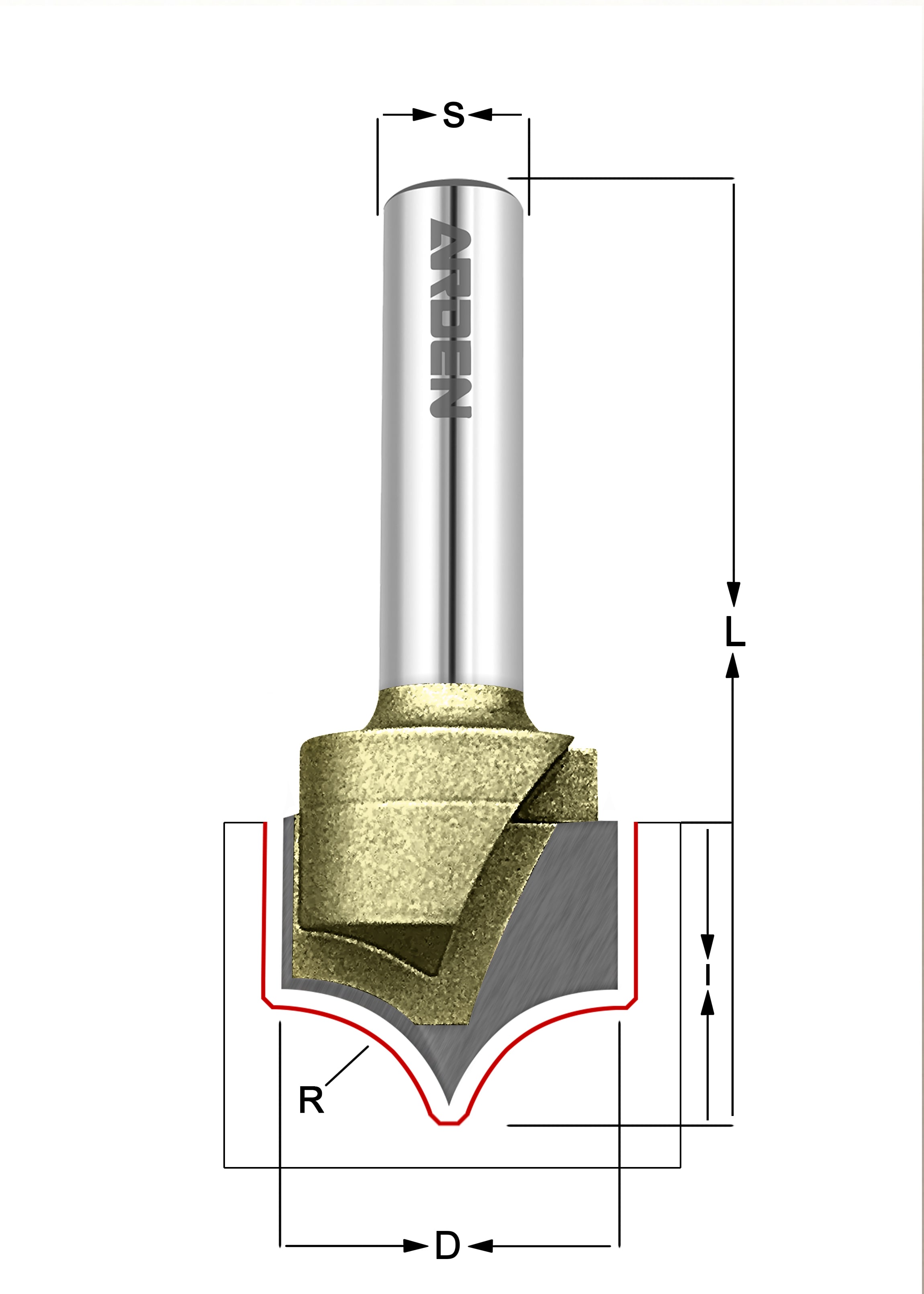 Фреза концевая скругление кромки филенок R=12.7 D=25.4x19.05x55 S=8 Z2 HW ARDEN   