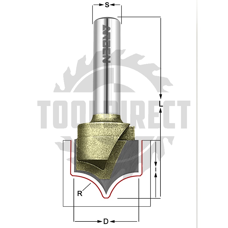 Фреза концевая скругление кромки филенок R=12.7 D=25.4x19.05x55 S=8 Z2 HW ARDEN   