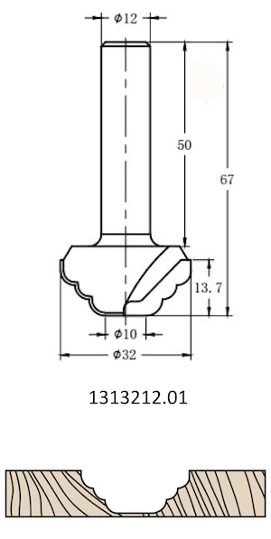 Фреза алмазная "Скругление" TD-133 R=10 D=32x22x75 S=12 Rotis 133212.01  