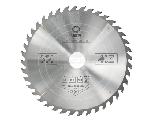 Пильный диск D=350x50x3.6/2.5 Z=40 ATB продольный поперечный рез по древесине PROCUT  