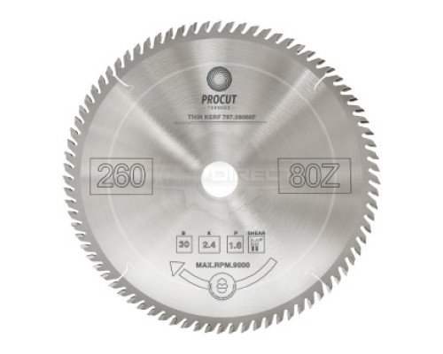 Пильный диск D=260x30x2.4/1.6 Z=80 ATB поперечный рез по древесине PROCUT  